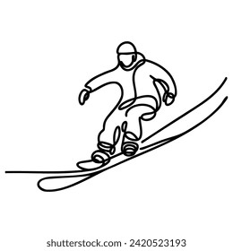Continuous one line drawing of a snowboarder riding on a mountain