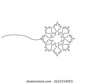 Continuous one line drawing of snowflake. One line drawing illustration of snowflake falling. Christmas and winter concept single line. Editable outline
