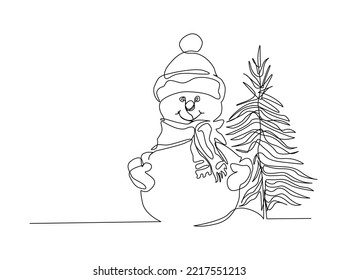 Continuous one line drawing of snowman and crhismas tree. Winter snowman wearing scarf and hat line art drawing vector illustration. 