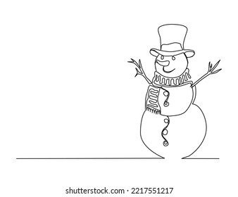 Dibujo continuo de una línea de Snowman. Hombre de nieve de invierno con bufanda y ilustración vectorial del dibujo de la línea de sombrero. 