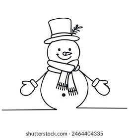 Continuous one line drawing of Snowman. Cute Liner Vector illustration