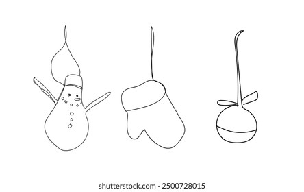 Continuous one line drawing of Snowman , glove and jingle bell ring. Christmas time festive decoration. Isolated on background for design winter holiday banner, card, invitation.