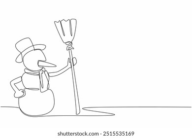 Continuous one line drawing snowman holding a broom. Games during the winter season. Happy. Full of joy. Snowy weather is always fun. Cold. World Snow Day. Single line draw design vector illustration