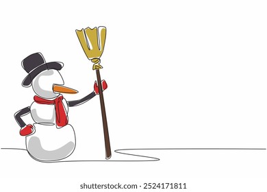 Continuous one line drawing snowman holding a broom. Games during the winter season. Happy. Full of joy. Snowy weather is always fun. Cold. World Snow Day. Single line draw design vector illustration