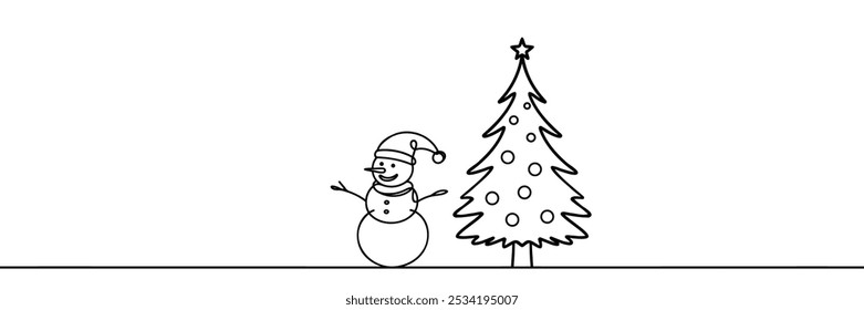 Dibujo continuo de una línea de muñeco de nieve y pino o árbol de Navidad