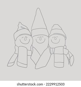 Continuous one line drawing of Сhristmas snowmen on gray. Cartoon style in line, outline. Winter card in doodle style. Liner Vector illustration
