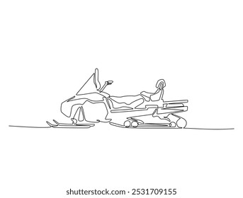 Continuous one line drawing of snowmobile vehicle. Snowbike line art vector illustration. Editable vector. 

