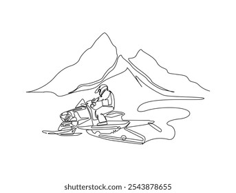 Continuous one line drawing of snowmobile extreme sport in mountain landscape background. Editable vector. 
