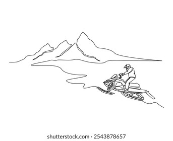 Continuous one line drawing of snowmobile extreme sport in mountain landscape background. Editable vector. 
