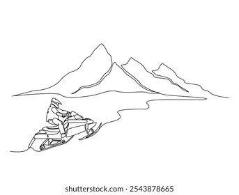 Continuous one line drawing of snowmobile extreme sport in mountain landscape background. Editable vector. 
