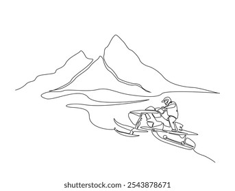 Continuous one line drawing of snowmobile extreme sport in mountain landscape background. Editable vector. 
