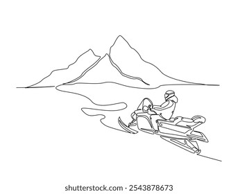 Continuous one line drawing of snowmobile extreme sport in mountain landscape background. Editable vector. 
