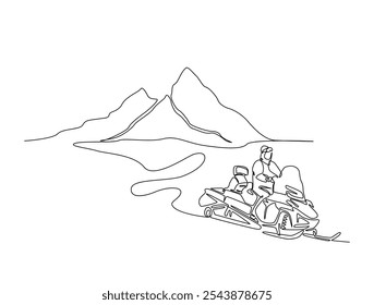 Continuous one line drawing of snowmobile extreme sport in mountain landscape background. Editable vector. 
