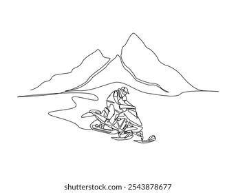 Continuous one line drawing of snowmobile extreme sport in mountain landscape background. Editable vector. 
