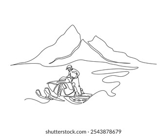 Continuous one line drawing of snowmobile extreme sport in mountain landscape background. Editable vector. 
