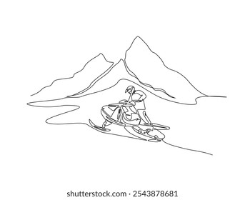 Continuous one line drawing of snowmobile extreme sport in mountain landscape background. Editable vector. 
