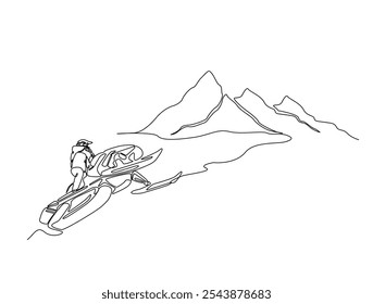 Continuous one line drawing of snowmobile extreme sport in mountain landscape background. Editable vector. 
