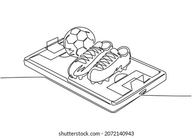 Continuous one line drawing soccer shoes and soccer balls on smartphone screen. Smartphone with app soccer football. Mobile sport stream championship to play. Single line draw design vector graphic