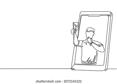 Continuous one line drawing soccer referee showing yellow card out of smartphone screen. Smartphone with app soccer football. Mobile sports stream championship to play. Single line draw design vector