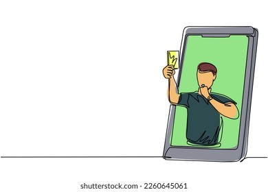 Continuous one line drawing soccer referee showing yellow card out of smartphone screen. Smartphone with app soccer football. Mobile sports stream championship to play. Single line draw design vector