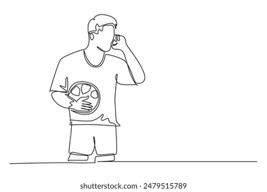 Continuous one line drawing of soccer player holding football ball and talking with his coach with smartphone. Mobile sport play match. Soccer game. Single line draw design vector graphic illustration