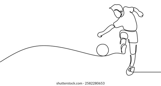 Continuous one line drawing of a soccer player kicking a ball. Symbol of teamwork, agility, and sportsmanship. Vector illustration hand drawn.