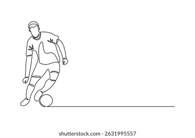 Desenho contínuo de uma linha do jogador de futebol em ação com a bola. Ilustração de desenho de linha única do drible do jogador de futebol. Dia Mundial do Futebol conceito de arte vetorial. ilustração linha Doodle.