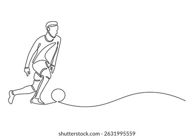 Desenho contínuo de uma linha do jogador de futebol em ação com a bola. Ilustração de desenho de linha única do drible do jogador de futebol. Dia Mundial do Futebol conceito de arte vetorial. ilustração linha Doodle.
