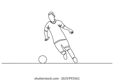 Continuous one line drawing of Soccer player in action with ball. Single line drawing illustration of Football player dribble. World Football Day concept vector art. Doodle line illustration.