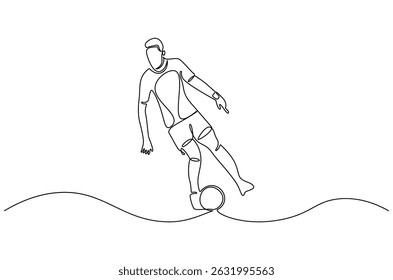 Continuous one line drawing of Soccer player in action with ball. Single line drawing illustration of Football player dribble. World Football Day concept vector art. Doodle line illustration.