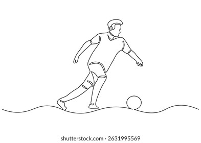Continuous one line drawing of Soccer player in action with ball. Single line drawing illustration of Football player dribble. World Football Day concept vector art. Doodle line illustration.
