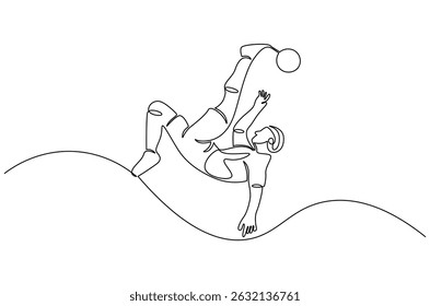Continuous one line drawing of Soccer player Performing Bicycle Kick. Single line drawing illustration of Football player with a ball. World Football Day concept vector art. Doodle line illustration.
