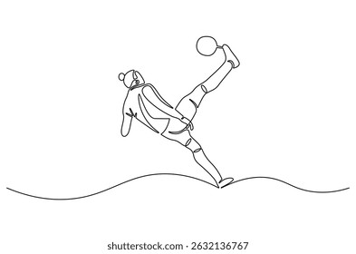Dibujo continuo de una línea de jugador de fútbol realizando patada de bicicleta. Ilustración de dibujo de una sola línea de jugador de fútbol con una pelota. Arte vectorial conceptual del Día Mundial del Fútbol. Ilustración de la línea Doodle.
