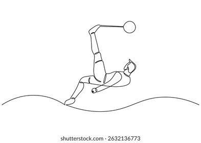 Continuous one line drawing of Soccer player Performing Bicycle Kick. Single line drawing illustration of Football player with a ball. World Football Day concept vector art. Doodle line illustration.
