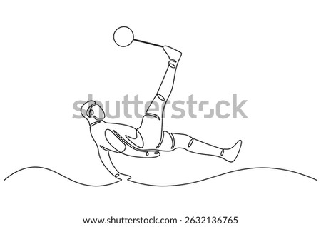 Continuous one line drawing of Soccer player Performing Bicycle Kick. Single line drawing illustration of Football player with a ball. World Football Day concept vector art. Doodle line illustration.
