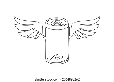 Continuous one line drawing soda can with wings. Flying soda concept. Food in doodle cartoon linear style. For flyer, sticker, card, logo, icon, print, poster. Single line draw design vector graphic