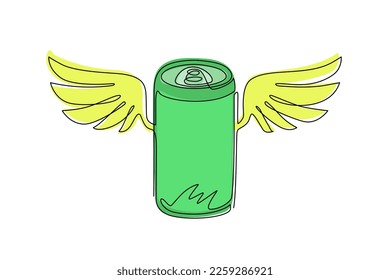 Continuous one line drawing soda can with wings. Flying soda concept. Food in doodle cartoon linear style. For flyer, sticker, card, logo, icon, print, poster. Single line draw design vector graphic
