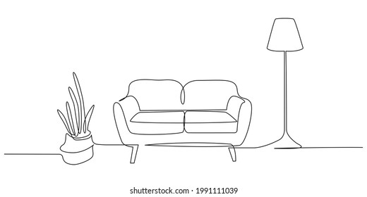 Continuous one line drawing of Sofa with lamp lampshade and home plant. Modern and furniture in simple Linear style. Doodle vector illustration