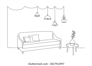 Continuous one line drawing of sofa and table with vase with monstera leaf and Hanging pendant Loft lamps. Scandinavian stylish furniture in simple Linear style. Doodle vector illustration