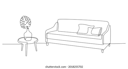 Continuous one line drawing of sofa with cushions and table with vase with monstera leaf. Scandinavian stylish couch furniture in simple Linear style. Doodle vector illustration