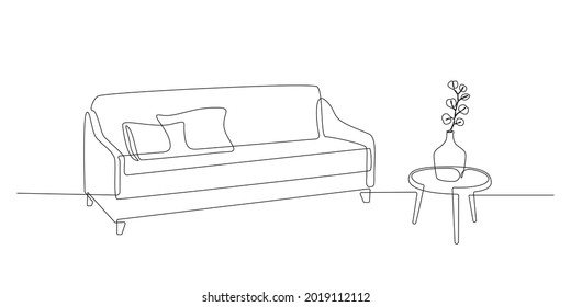 Continuous one line drawing of sofa and table with vase with plant. Scandinavian modern furniture in simple Linear style. Doodle vector illustration