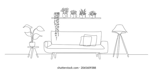 Continuous one line drawing of sofa and wall shelf with potted plants and floor lamp. Modern scandinavian furniture couch in simple linear style. Doodle simple vector illustration