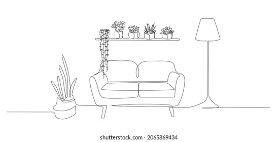 Dibujo continuo de una línea de sofá y estante de pared con macetas y lámpara de suelo. Moderno sofá de mobiliario escandinavo de estilo lineal sencillo. Ilustración del vector Doodle