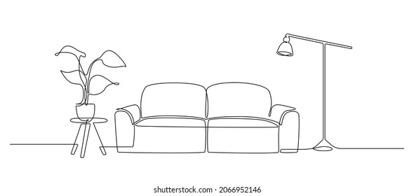Continuous one line drawing sofa   lamp   table and plant  Living room interior in loft apartment  Modern furniture in simple Linear style  Doodle vector illustration