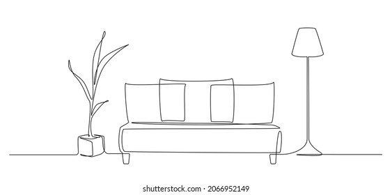 Continuous one line drawing of sofa and stylish lamp and potted plant. Living room interior in bohemian apartment. Modern furniture in simple Linear style. Doodle vector illustration