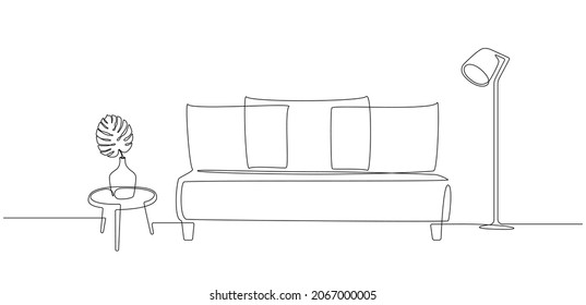 Continuous one line drawing of sofa and lamp and table with plant monstera. Living room interior in bohemian apartment. Modern furniture in simple Linear style. Doodle vector illustration