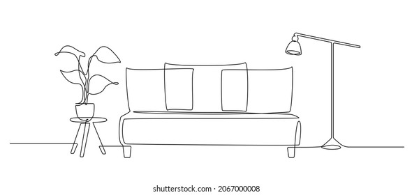 Continuous one line drawing of sofa and loft lamp and table with plant. Living room interior in stylish apartment. Modern furniture in simple Linear style. Doodle vector illustration
