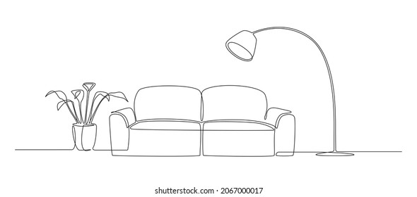 Continuous One Line Drawing Of Sofa And Loft Lamp And Potted Plant. Living Room Interior In Bohemian Apartment. Modern Furniture In Simple Linear Style. Doodle Vector Illustration