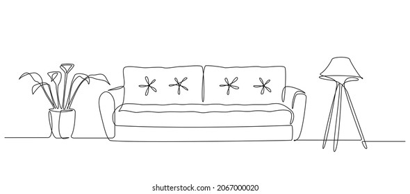 Continuous one line drawing of sofa and lamp and table with plant. Scandinavian stylish furniture in simple Linear style. Doodle vector illustration