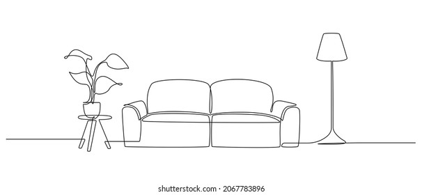 Continuous one line drawing of sofa and lamp and table with plant. Living room interior with Modern furniture in simple Linear style. Doodle vector illustration